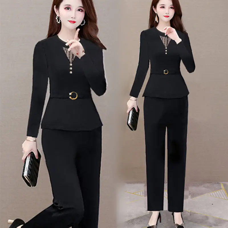 Women Pants 2-Piece Set 2023 Female Spring Summer Suit Lady Shirt Tops+ Wide leg Pants Two-Piece Suit Profession Suit C