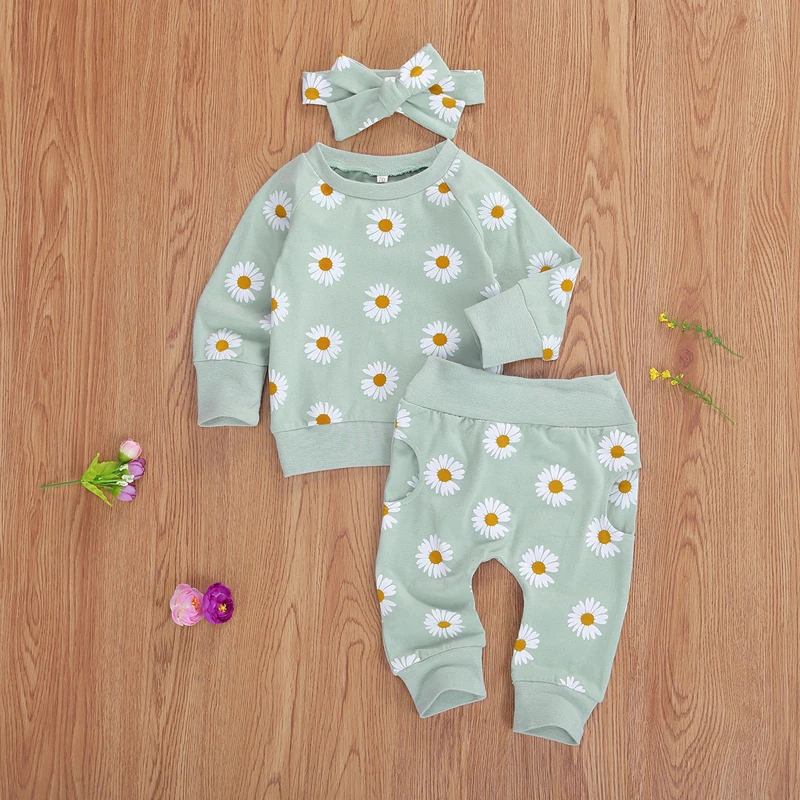 2021 Spring Fall Baby Clothes Set Floral Printed Sweatshirts Tops+Pants+Bow Headband Outfit Girls Clothing Set 3pcs 3