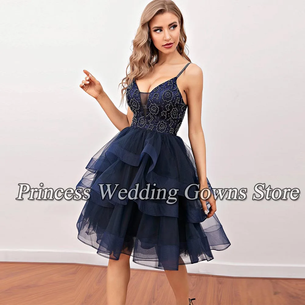 Short Ruffles Tiered Tulle Wedding Cocktail Dress For Girl Sleeveless Spaghetti Straps A Line Knee Length Vestido De Noche 2021