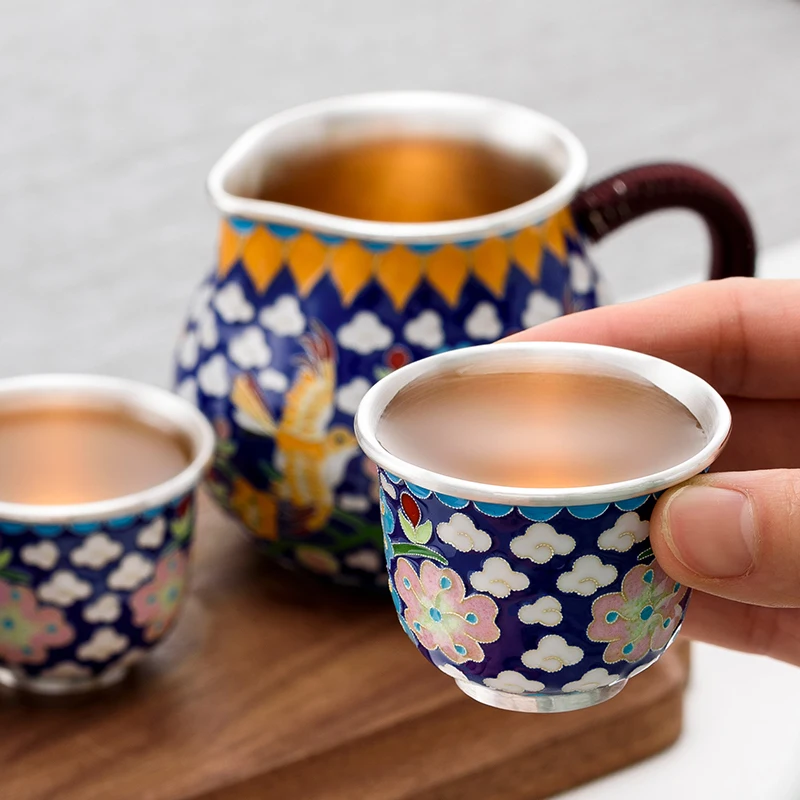 Tea cup sterling silver 999 handmade cloisonne in old-fashioned retro household tea set sterling silver tea cup