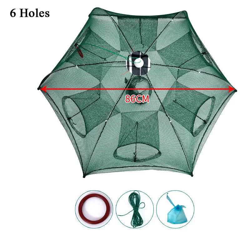 Red de pesca plegable portátil hexagonal, 4/6/8/12/16 agujeros, trampa automática para camarones, peces, camarones, pececillos, cebos de malla fundida