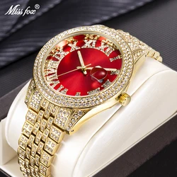 MISSFOX Luxury Red Watches Man Gold Silver Stainless Steel Men Wristwatch Ice Out Full Diamond Male Wristwatch Relógio Masculino