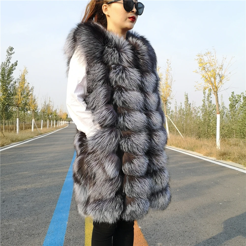 Gilet in pelliccia di volpe rossa per donna, taglie forti, alta qualità, lusso, pelliccia di volpe argentata, gilet lunghi, inverno