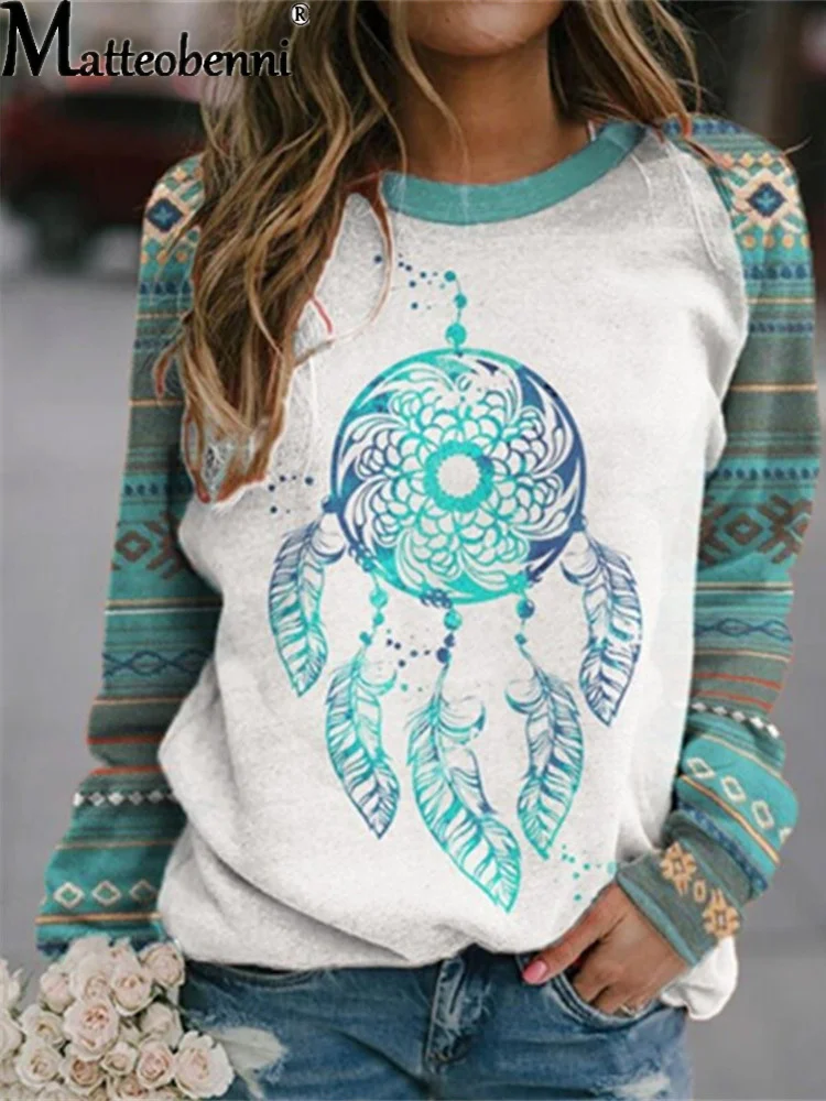 2021 Autumn Winter Retro Western Ethnic Geometric Print Sweatshirt Women\'s Casual Round Neck Vintage Loose Street Sweatshirts