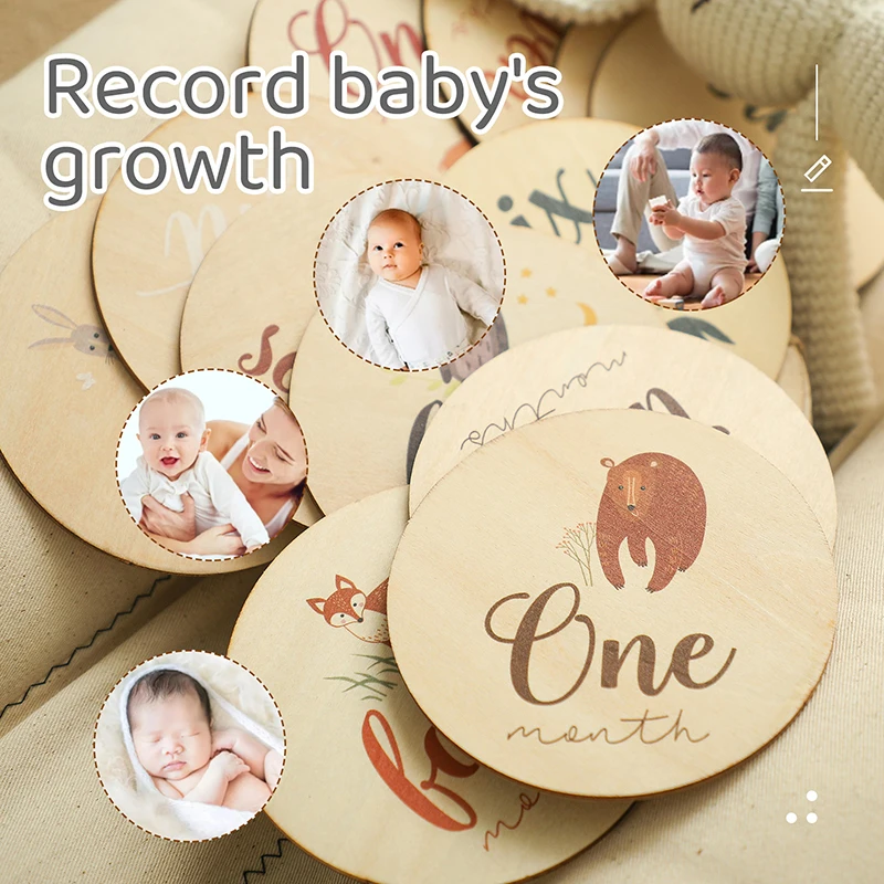 Animals Wood Monthly Milestone Baby Props Newborn Photography Wooden Teether Baby Kids Photography Props Christmas Gifts