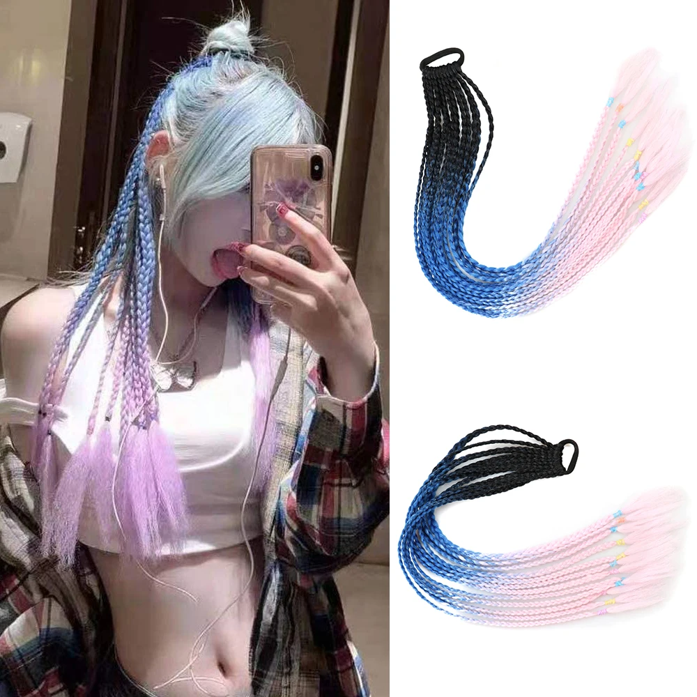 Synthetic Ombre Red Blue Pink Rainbow Overhead Tail Colorful Box Braids Ponytail Hair Extensions with Elastic Band False Pigtail