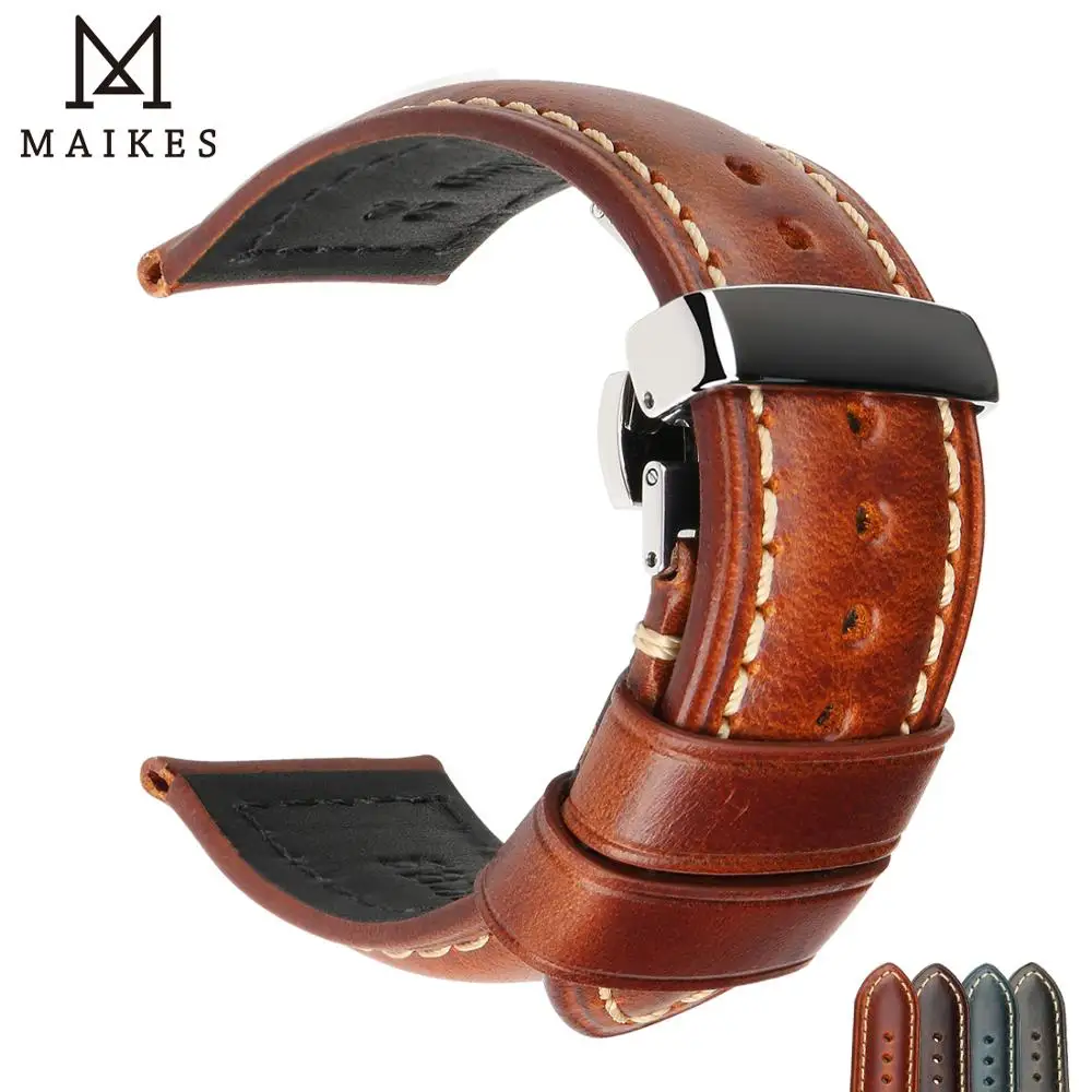 MAIKES Genuine Leather Watch Band Butterfly Buckle Band Steel Buckle Deployant Buckle Strap Brown Leather Watchbands 18-26mm