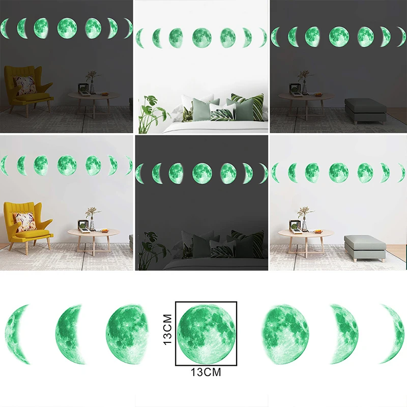 13cm Luminous Moon Emit Green Light Wall Stickers Full Moon Half Moon with Adhesive Wall Decals for Living Room Berdroom Ceiling