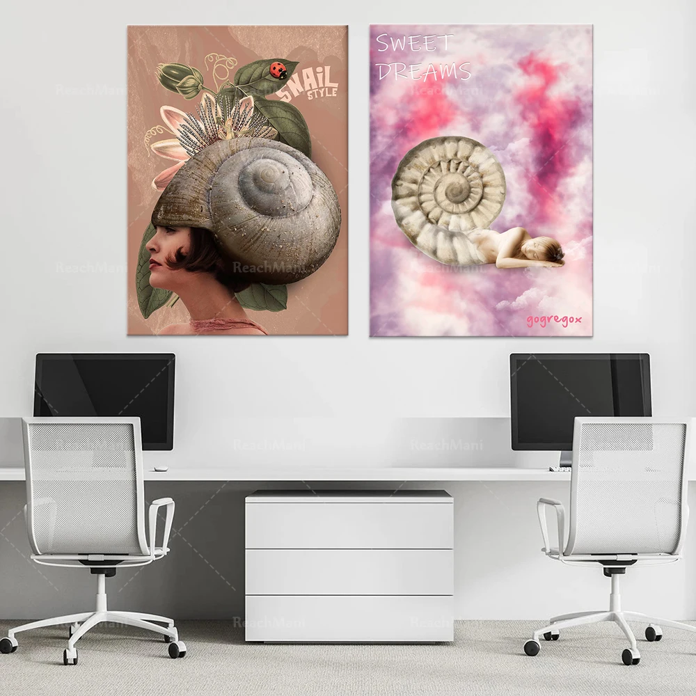 Snail girl decoration, nautilus girl sleeping in the cloud art wall decoration, poster female natural sky painting, animal femal