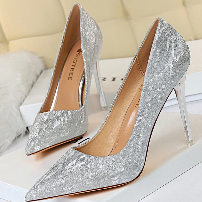 BIGTREE Shoes Woman Pumps Silver Champagne High Heels Stiletto Wedding Shoes Sequins Women Heels Fashion Ladies Shoes Party Shoe