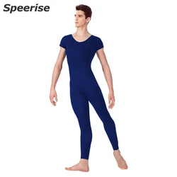 Adult Men One Piece Unitard Nylon Spandex Ballet Short Sleeve Jumpsuit Dance Costumes Bodysuit Scoop Neck Footless Gymnastic