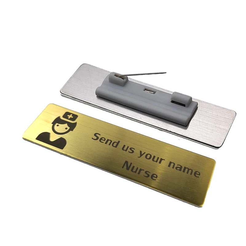 Pensonalized Brushed Name Badge Holder Laser Engraved Pin Tag Metal Stainless Steel Plate 70X20mm