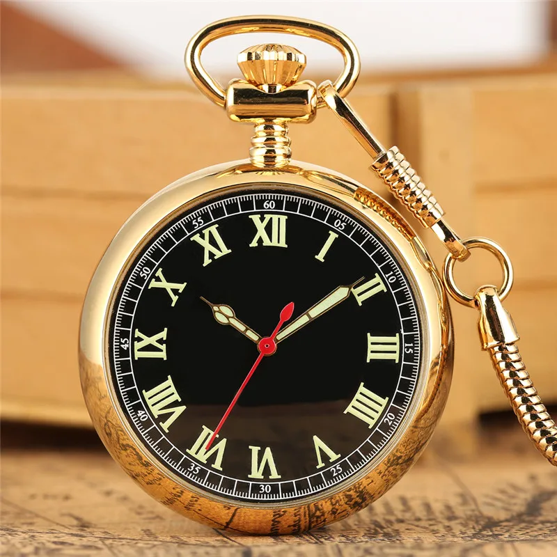 Silver Gold Luminous Arabic Roman Numerals Unisex Mechanical Hand Winding Pocket Watch Pendant Clock with 30cm Fob Chain Gift