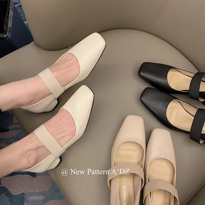 MEZEREON Med Heels Square Toe Women Pumps Cow Leather Ladies Shoes Korea Style Mary James Elegant Footwear For Office Lady