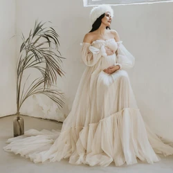 Pretty Off Shoulder Tulle Ruffles A-line Maternity Dresses Illusion Puffy Sleeves Long Robes For Pregnant Women Photo Shoot