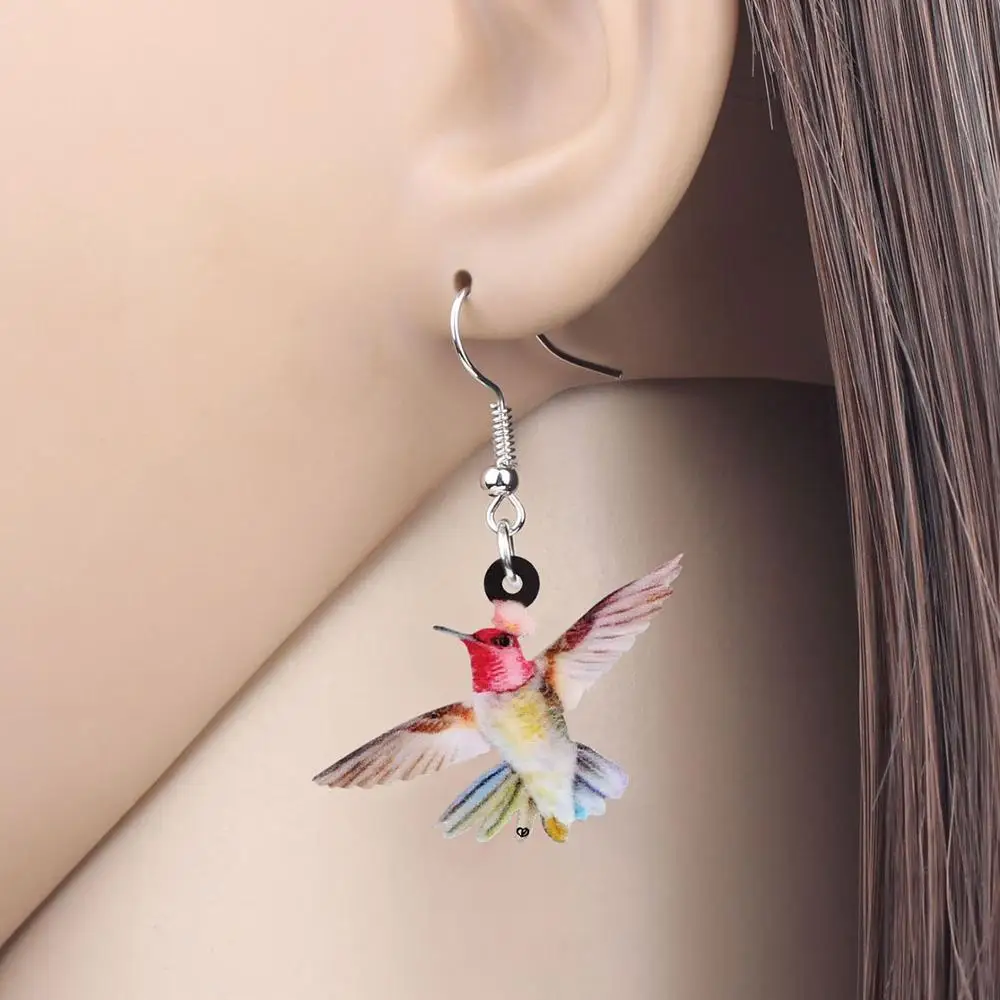 Bonsny Acrylic Charm Hummingbird Earrings Print Lovely Bird Animal Dangle Drop Jewelry For Women Girls Trendy Gift Accessories