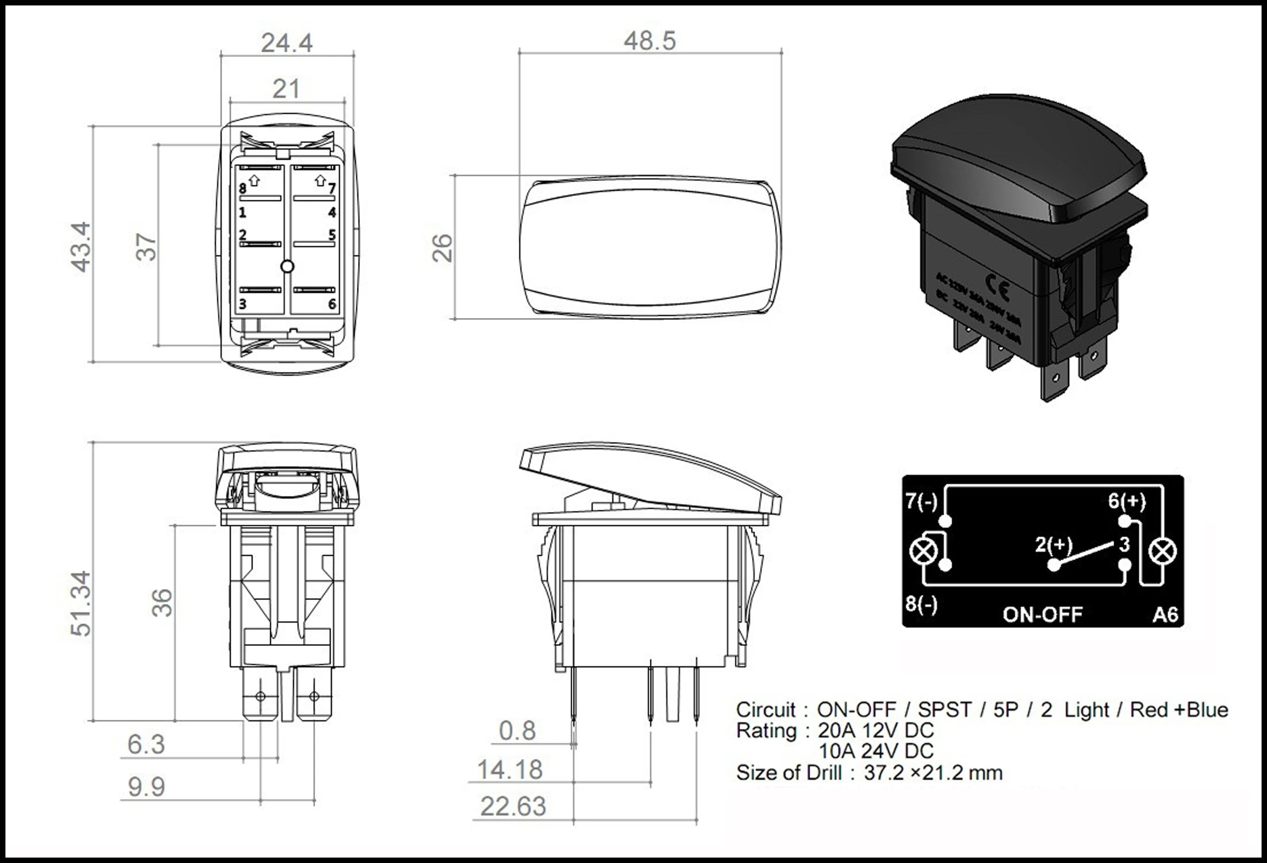 Joli à bascule marche/arrêt SPST, étanche IP68, 5 broches, LED bleue et rouge, 20A, 12V, 10A, 24V, GPS pour voitures, camions, camping-cars, bateaux