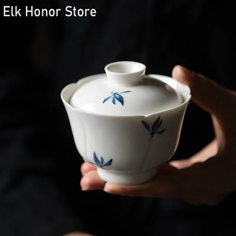 100ml Pure Hand-painted Butterfly Orchid Art Ceramic Tea Tureen White Porcelain Tea Maker Gaiwan Household Kung Fu Teaware Set