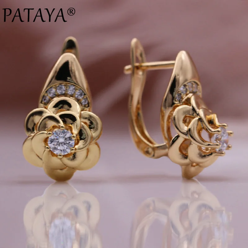 PATAYA New Metal Flower Earrings Ring Set 585 Rose Gold Color Wedding Creative Fashion Jewelry Natural Zircon Unusual Women Sets