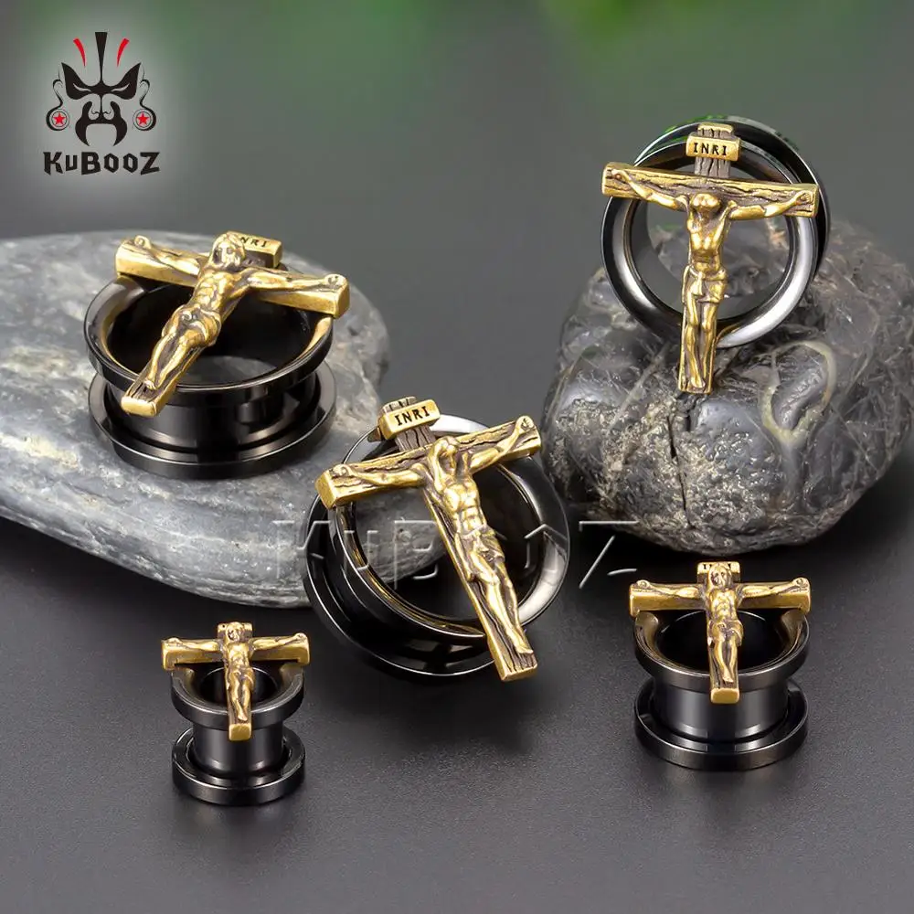 KUBOOZ New Stainless Steel Cross Earring Plugs Tunnels Piercings Body Jewelry 2PCS