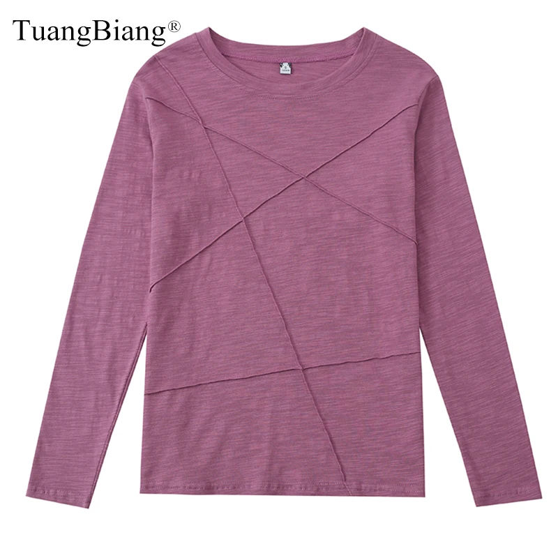 TuangBiang 2023 Spring 3D Ribbed Cross Cotton T-Shirt Women O-Neck Loose Simple Tshirt Long Sleeve Ladies Bottoming Shirt Tops