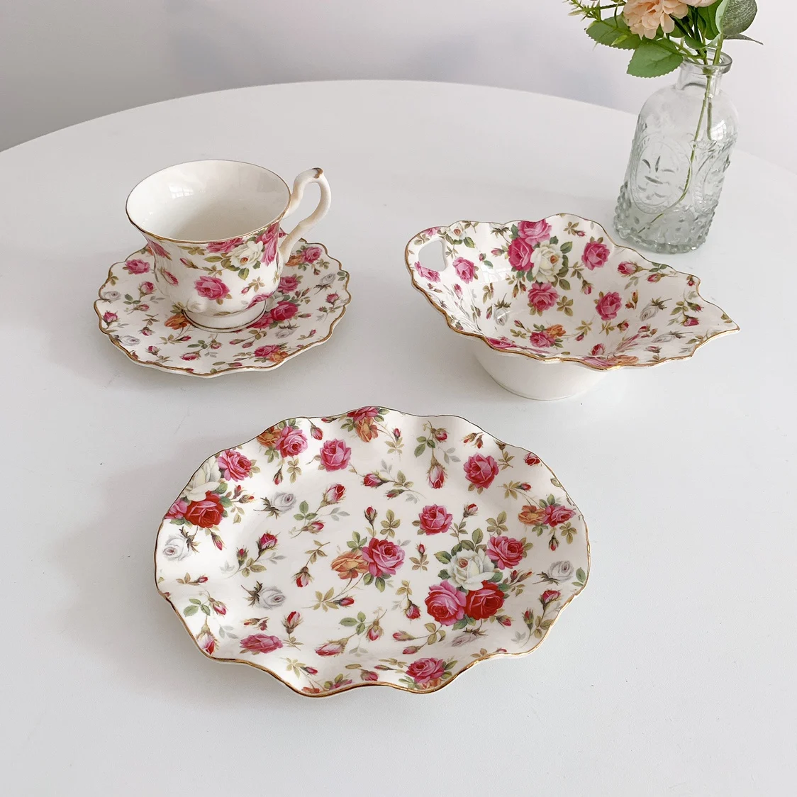 French retro flowers ceramic coffee cup and plate a set of salad bowl and plate tableware court style cup and plate