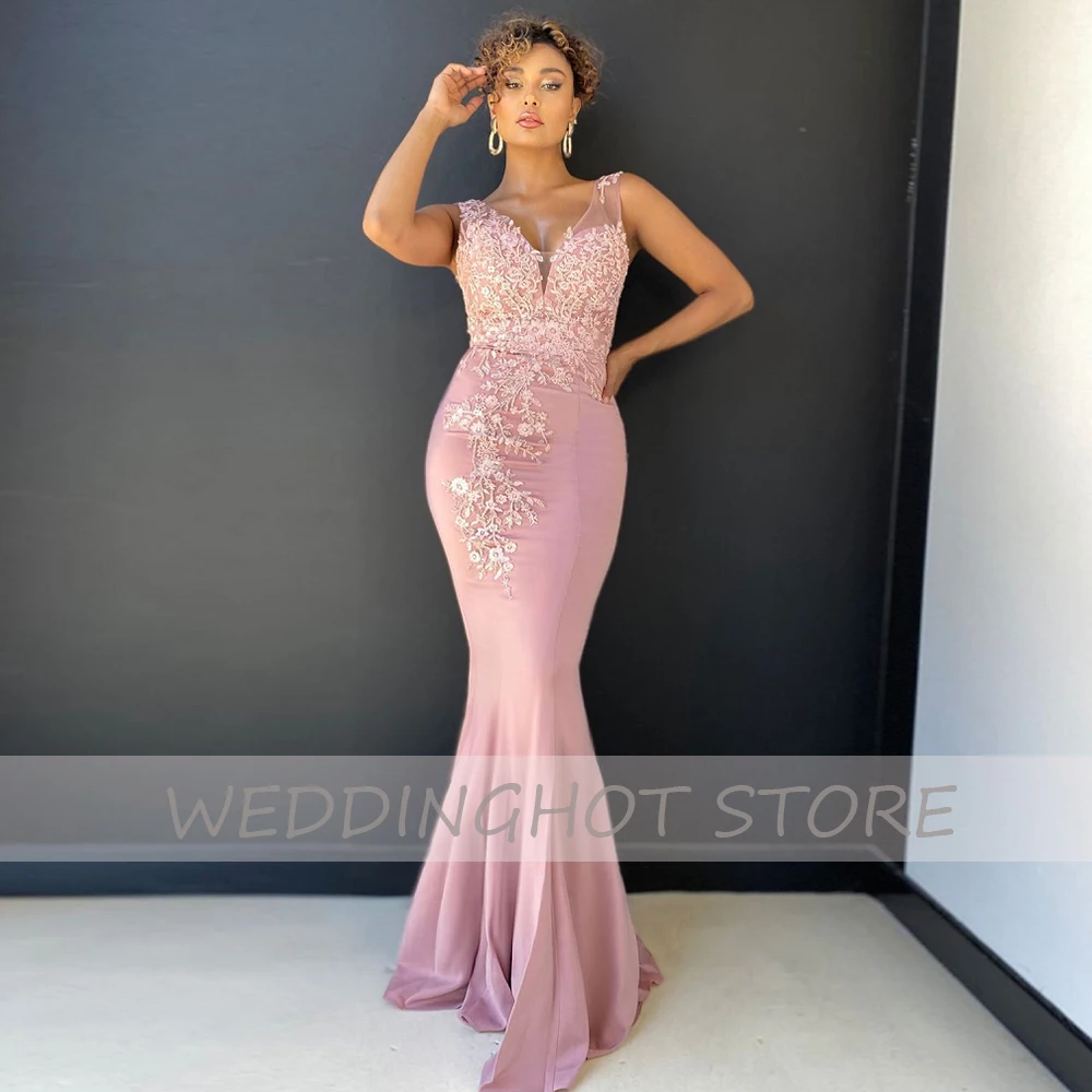 Pink Mermaid Evening Dresses 2021 Simple V-Neck Lace Applique Prom Gowns Elegant Satin Black Custom Party Dress robes de soirée