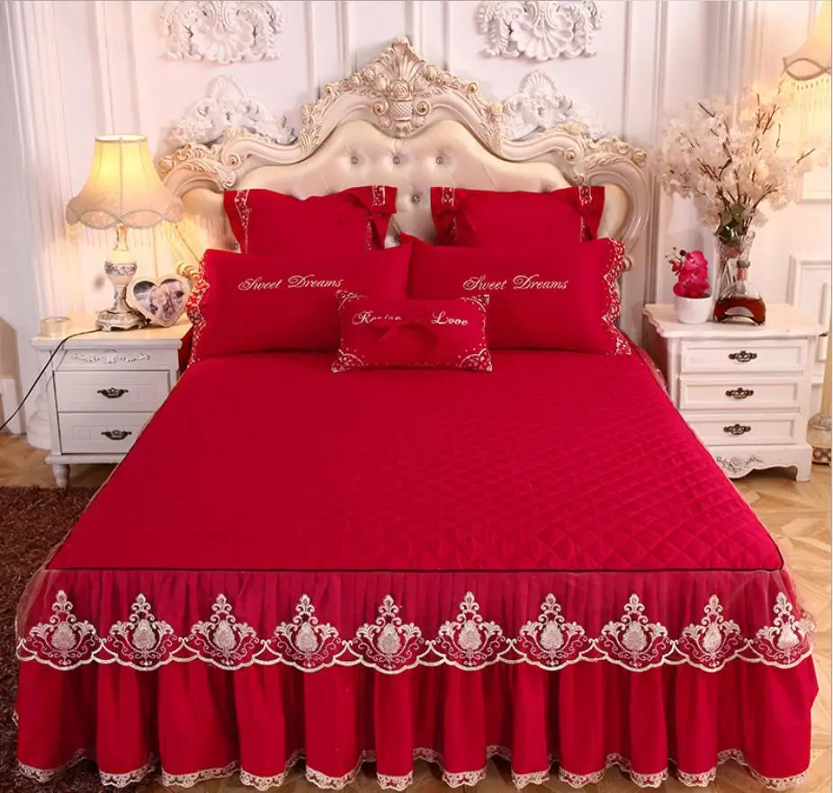 Red Lace Embroidered Bedding Bed Sheet Pillowcases Cotton Thicken Warm Mattress Cover Princess Bedspread Bed Skirt Europe Style