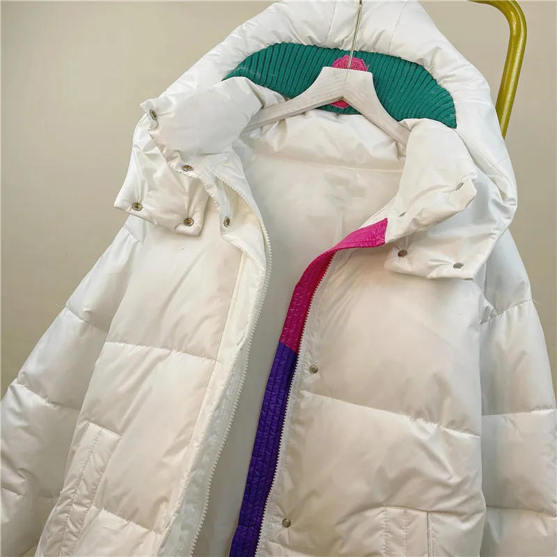 Womens Long White Duck Down Jacket With Hood Detachable Female Thick Loose Soft Down Coat Windproof Casual Feather Coats