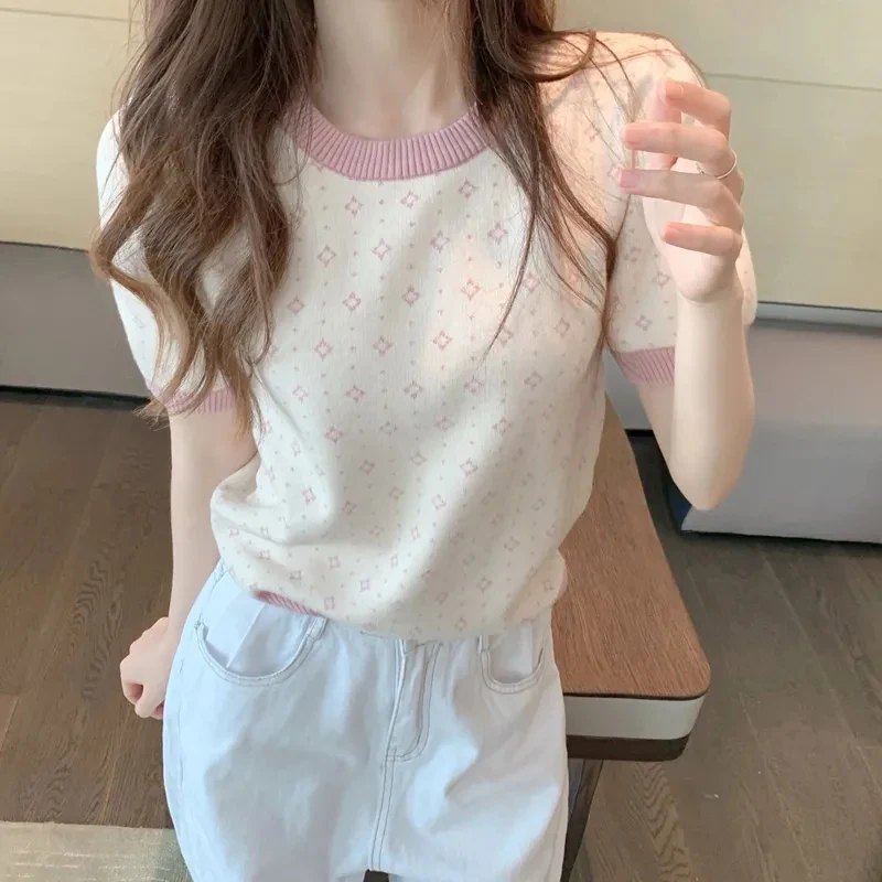 

Summer O-neck Thin Knitted Pullovers Sweater Women Floral Print T-shirt Loose Casual Chic Top Puff Sleeve Sweet Student T-shirt