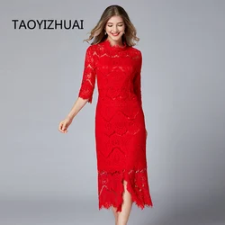 TAOYIZHUAI women long lace dress autumn irregular neck half sleeves red color casual style Asymmetric plus size party vestidos