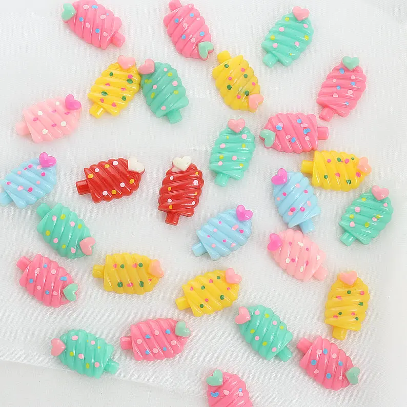 200pcs Kawaii polka dot Ice-cream Cream Resin with heart Shiny Cabochons cab mixed colors 22mm Free Shipping ET-336