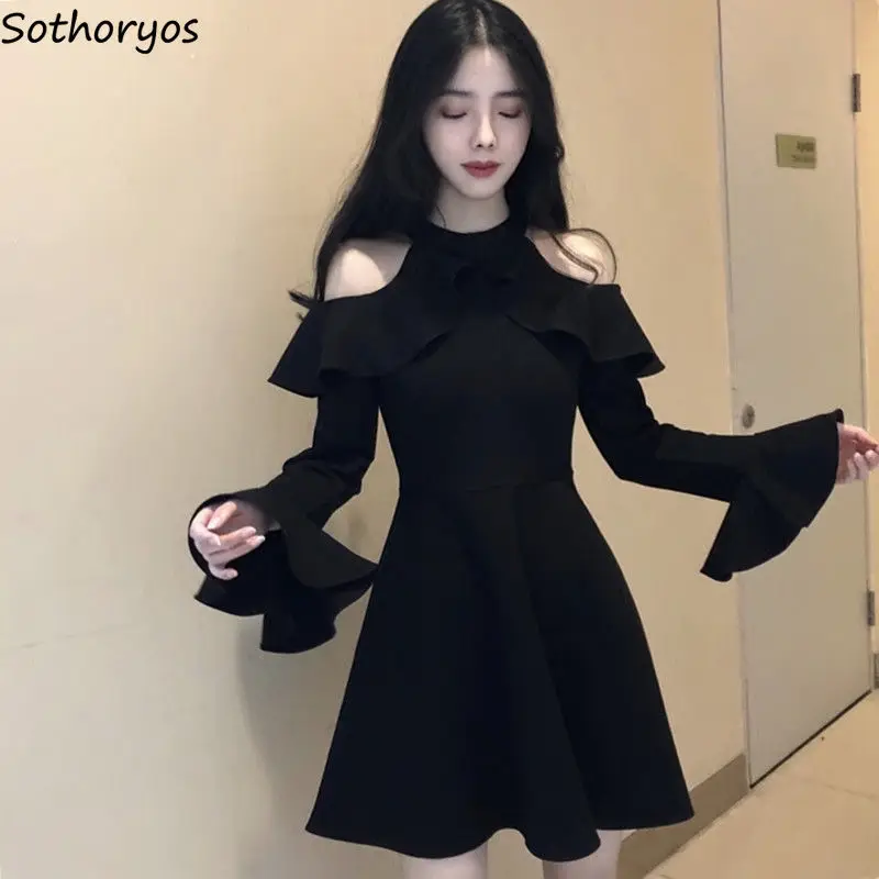 

Dress Women Spring Halter Flare-sleeve A-line Black Ruffles Shoulderless Sexy Elegant Womens Korean Style Chic Simple Slim New