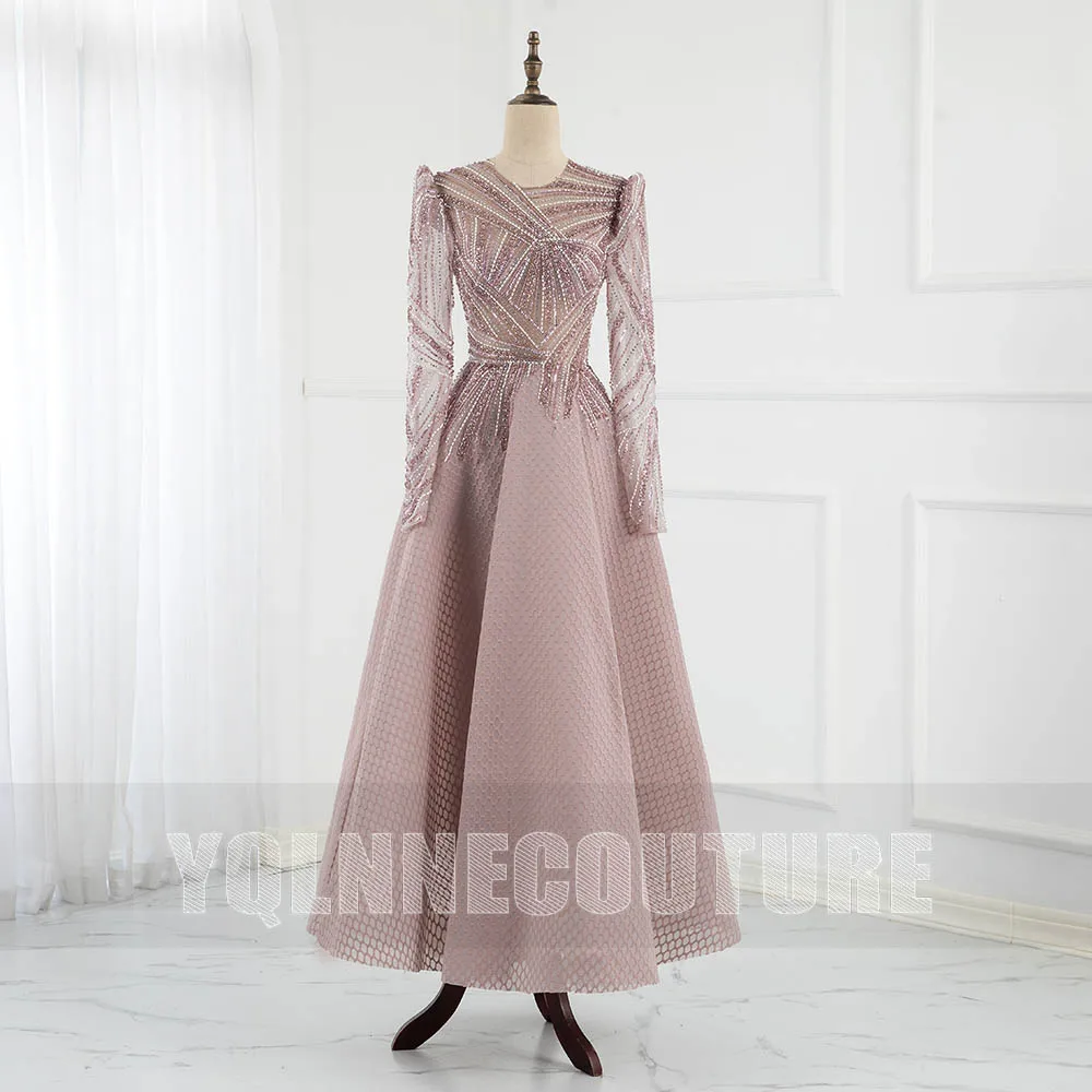 YQLNNE Vestidos สีชมพูลูกปัดชุดราตรีดูไบแขนยาวอย่างเป็นทางการผู้หญิงชุด Elegant