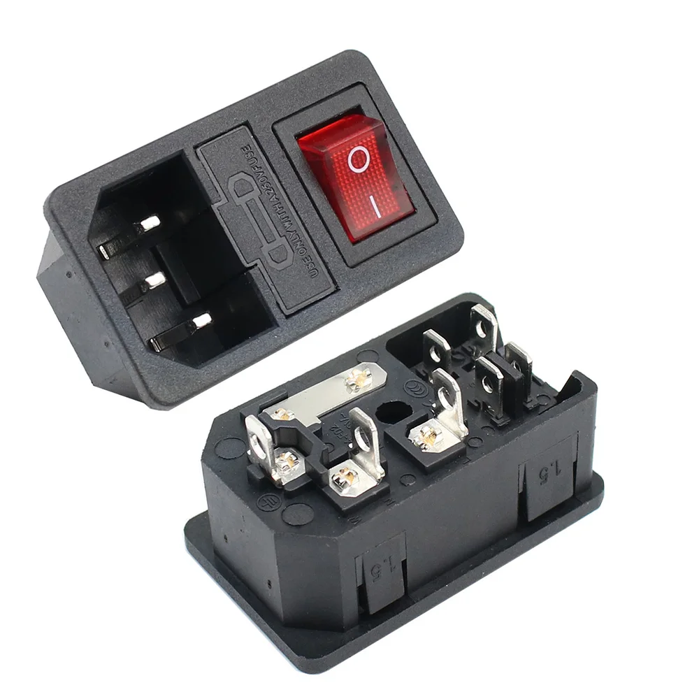 IEC320 C14 Electrical AC Socket 3 pin red LED 250V Rocker Switch 10A fuse female male inlet plug connector 2 pin socket mount