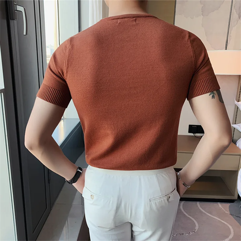 Summer Top Men Thin Slim Fit T-shirt 2021 Knitted Short Sleeves Solid Color Sweater Pullover T Shirt Slim Knitted Tees Top Homme