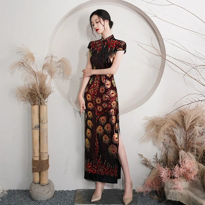 Elegant Lady Sequins Qipao Sexy Cheongsam Classic Mandarin Collar Chinese Dress Velvet Size 5XL Evening Party Vestidos