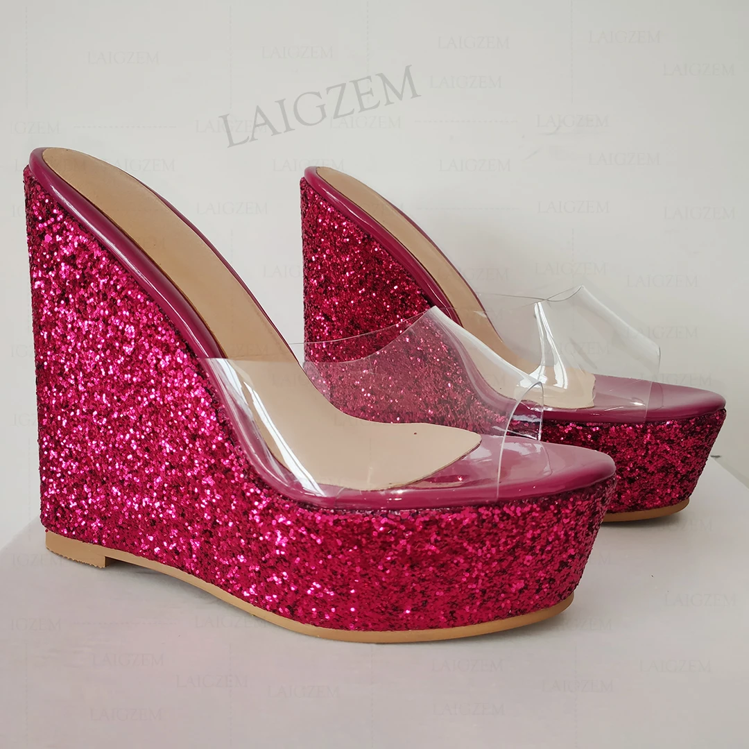 

DOHBANER Women Sandals Platform Wedges Bling Mules High Heels Transparent PVC Pumps Party Prom Height Increase Big Size 41 47 52