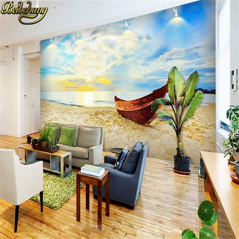 

beibehang Beach boat Custom 3d mural wallpaper TV backdrop sofa 3D space to expand photo wallpaper wallpaper background wall