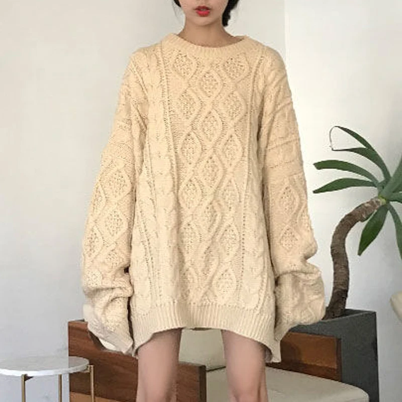 Size 4XL 120KG Autumn Winter Knitted Sweater O Neck Long Sleeved Loose Womens Sweater Oversized Warm Female Pullovers