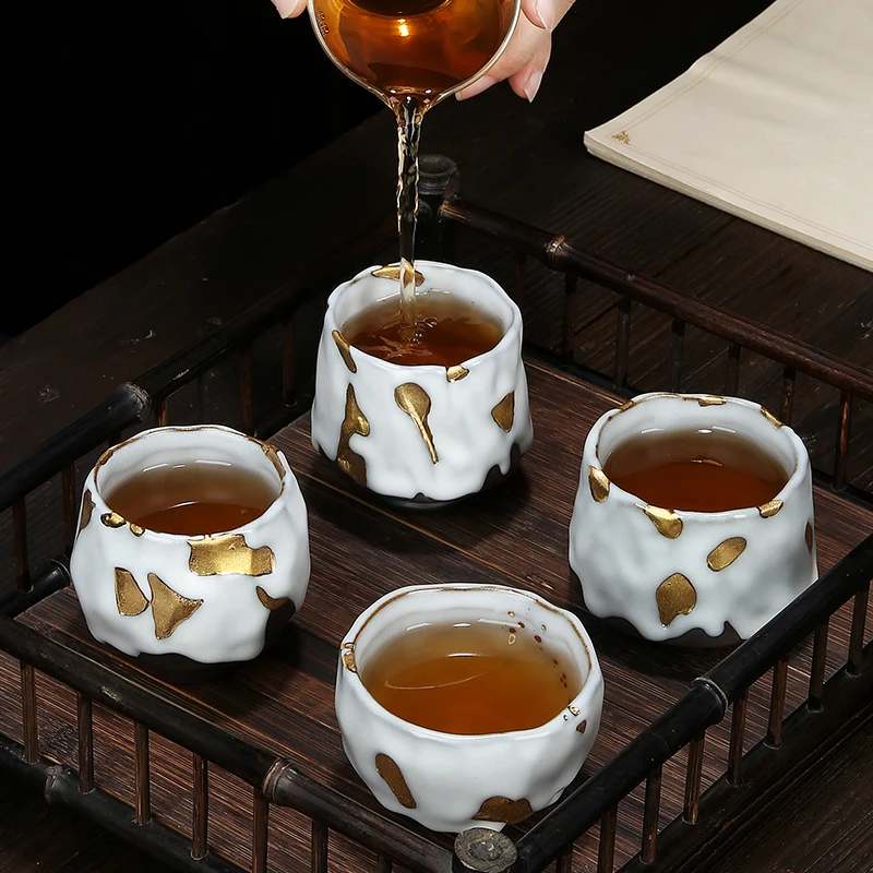 PINNY Gilt Ceramic Handmade Teacup ZHI YE SHAO Japanese Kung Fu Tea Cups Retro Pigmented Tea Bowl