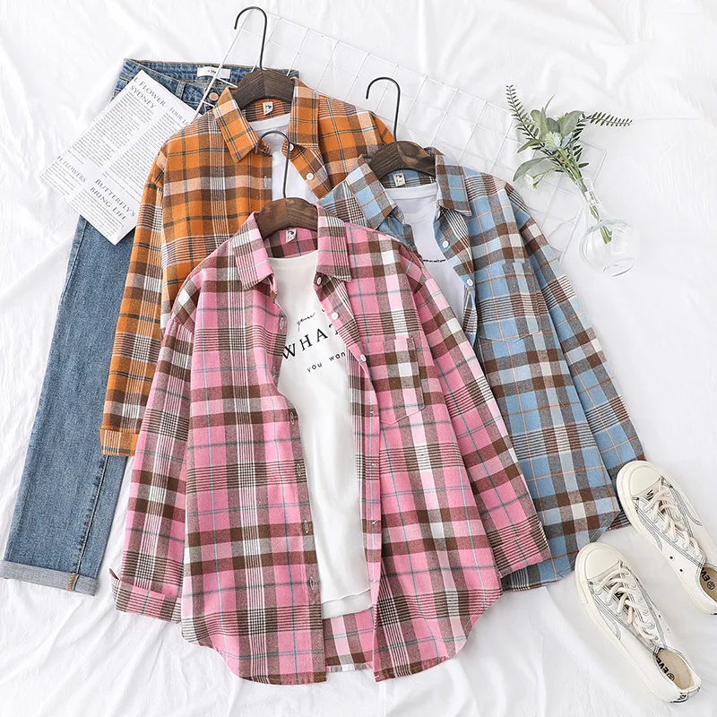 

Women Vintage Plaid Loose Blouses Casual Long Sleeve Single-Breasted Loose Shirts Korean Harajuku Chic Blouse Tops Autumn Tunic