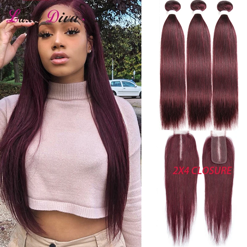 

99J Straight Weaves With Closure Brazilian Human Hair Brown Bundles With Closure 4x2 Light Brown Remy #2 #4 Human Hair Extension