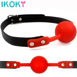 IKOKY-mordaza bucal de juegos para adultos, Bola de silicona, Fijación Oral, banda de cuero PU, ataduras de Bondage, 4 colores, Juguetes sexuales para parejas