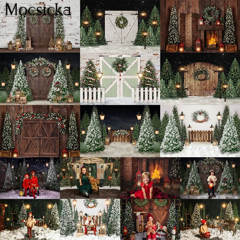 

Mocsicka Christmas Backdrops for Photography Vintage Rustic Wooden Door Snow Scene Cabin Christmas Photo Background Photoshoot