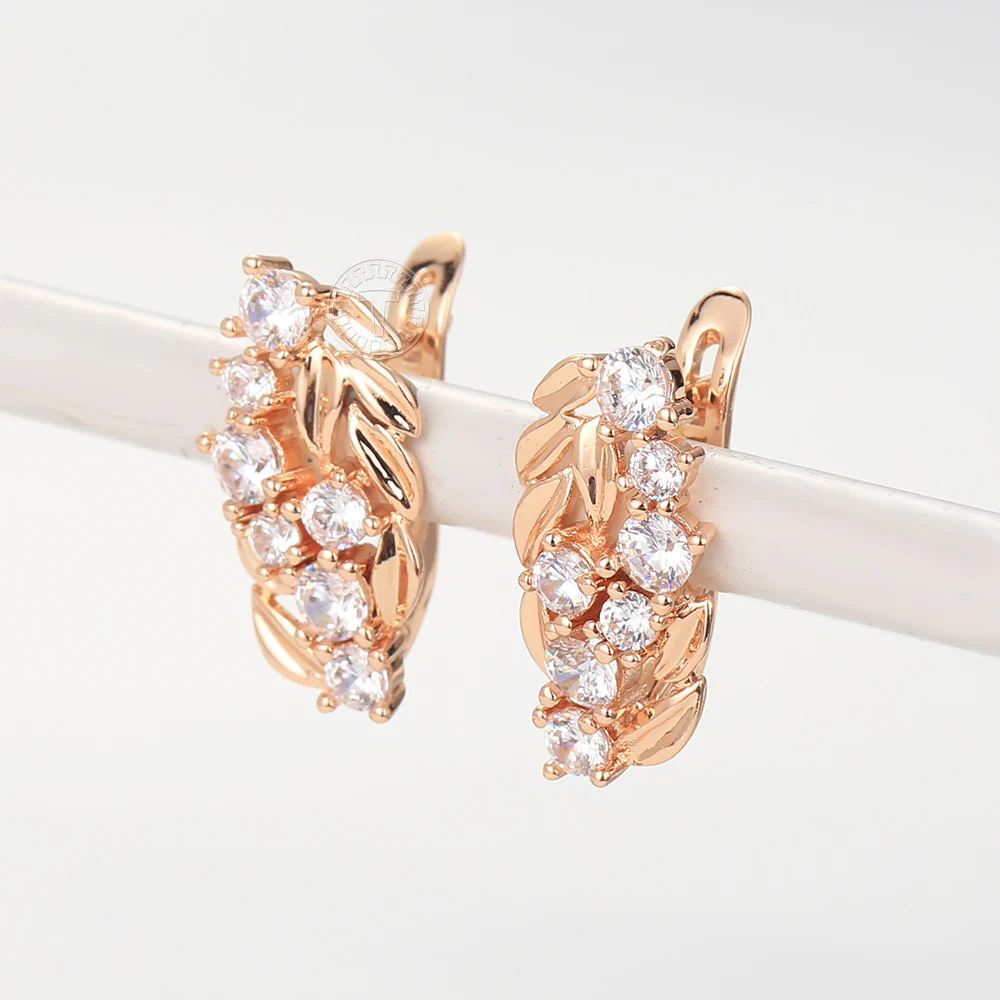 Elegant Trend 585 Rose Gold Color White Cubic Zircon Leaves Drop Earrings for Women Girls Full Clear Crystal Stone Jewelry GE321