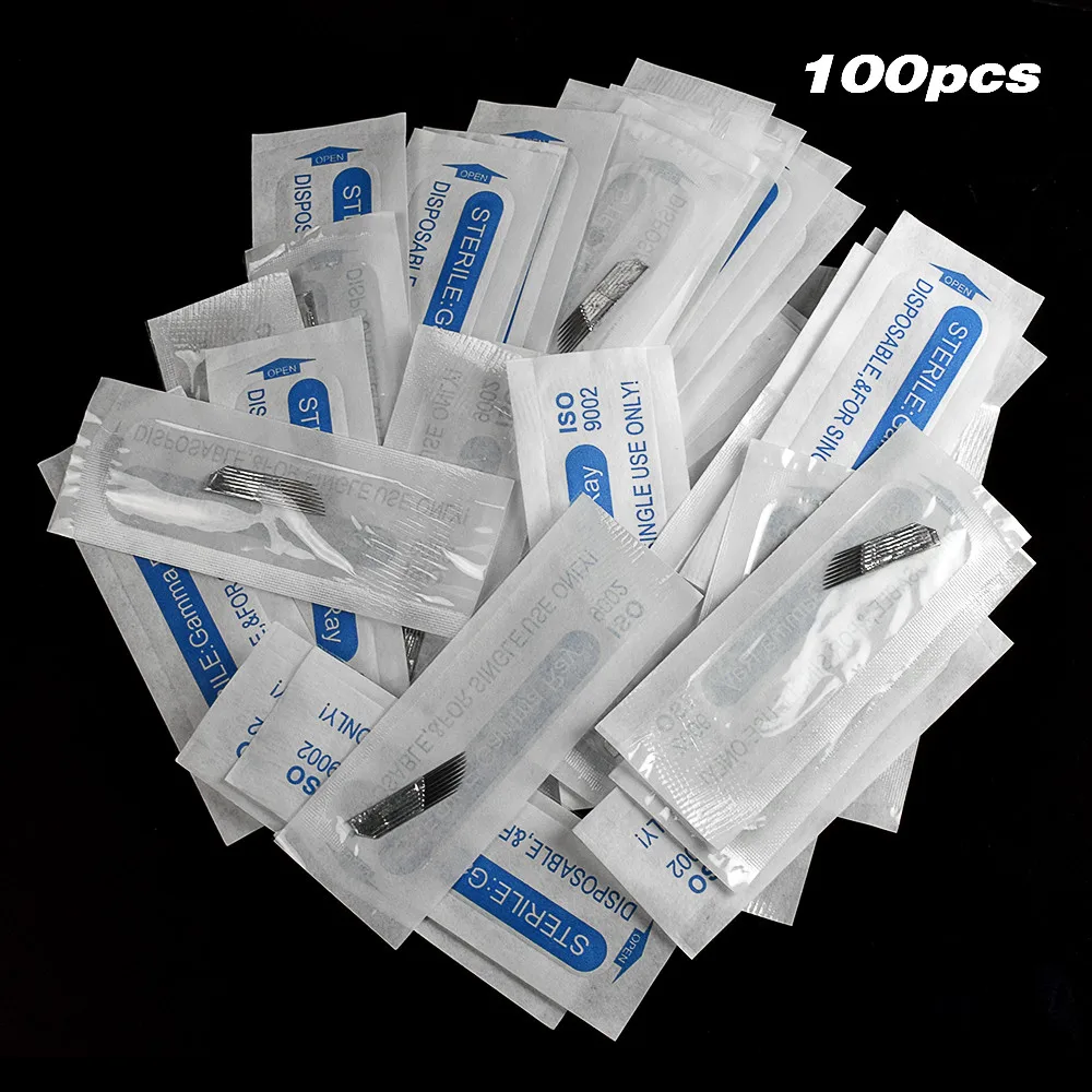 100pcs Double 15pin Micro Needles Agujas Microblade Microshading Naald Tebore Lamina Eyebrow Curved Embroidery Blades Manual Pen