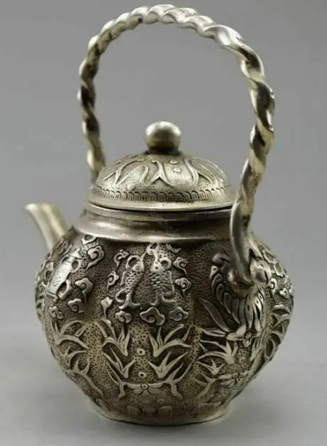 Old Chinese Handwork Tibet Silver Carved Flower Fish Tea Pot