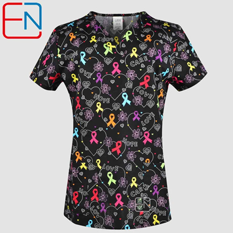 Uniforme de algodón con estampado 100% para mujer, Top con 14 estampados en corazones y cinta, exfoliante