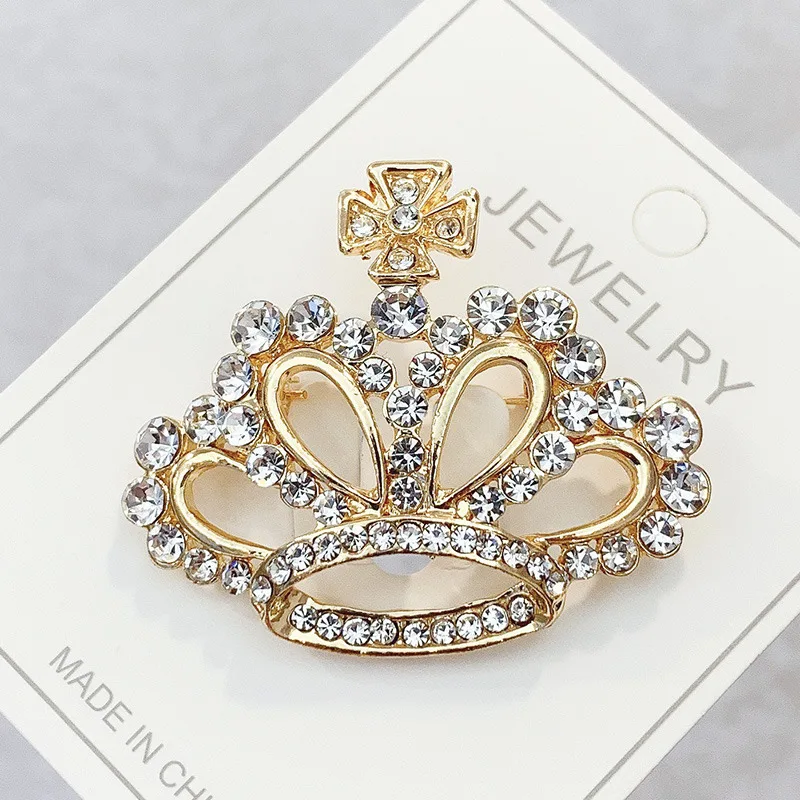 Fashion Crown Brooches Gold Color Silver Color Clear Rhinestone Pins Dress Decoration Buckle Badge Jewelry Accessories For Women